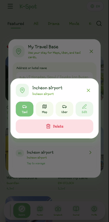 K-Spot travel base screen with taxi, map, Uber, and edit options